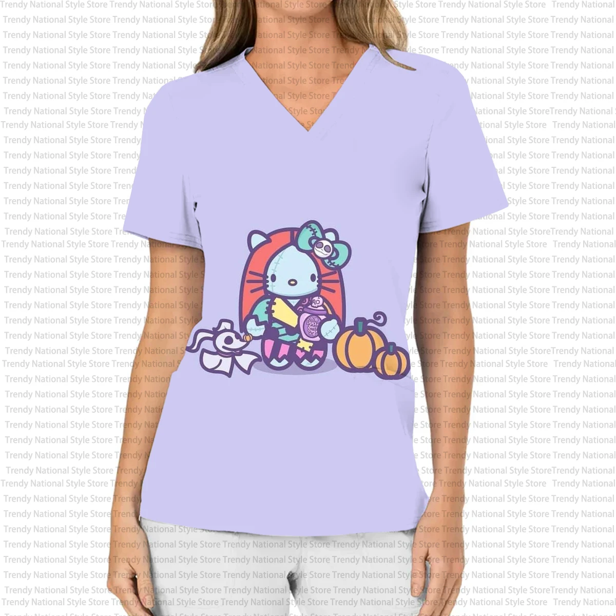 Damen-Halloween-T-Shirt mit Hello Kitty-Aufdruck, Damen-Arbeitsuniform, Damen-T-Shirt mit V-Ausschnitt und Taschen-Peeling-Top, medizinisches Zahnpflege-T-Shirt