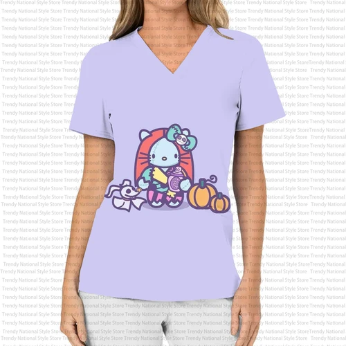 Imagen 2 del producto Camiseta de Halloween para mujer, uniforme de trabajo con estampado de Hello Kitty, Top exfoliante con bolsillo y cuello en V para mujer, camiseta para el cuidado Dental médico