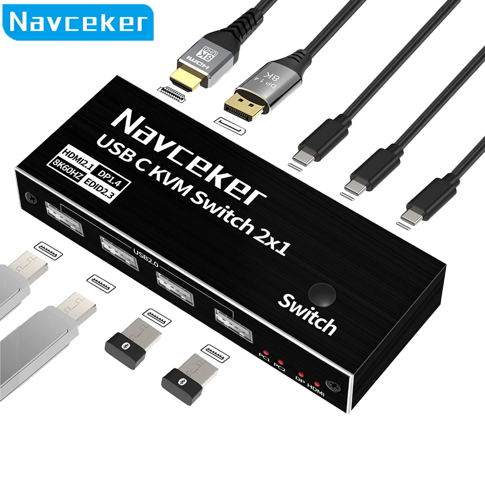 Navceker 선더볼트 4 USB C KVM 스위치, 2 컴퓨터 맥북 1 HDMI 모니터용, 4K 144Hz USB KVM 스위치, USB 8K 60Hz KVM 스위처 