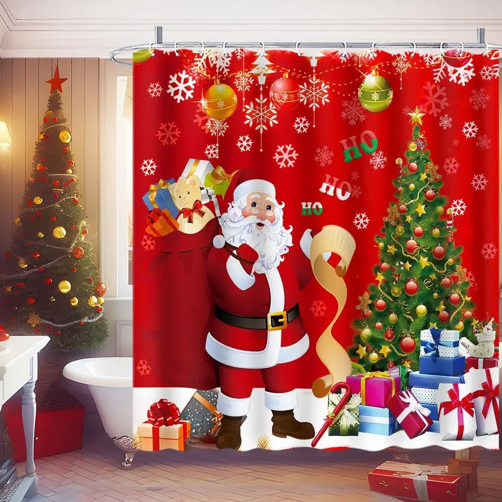 طقم حمام عيد الميلاد مكون من 4 قطع: ستارة حمام وسجاد وغطاء غطاء مرحاض مع سانتا وهدايا