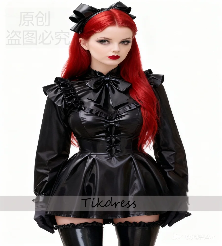 

Sexy Short Mini Evening Dress With Long Sleeve High Neck Ruffles Pvc Prom Dress Witchy Gothic Cocktail Wear 2026 Costume Cosplay