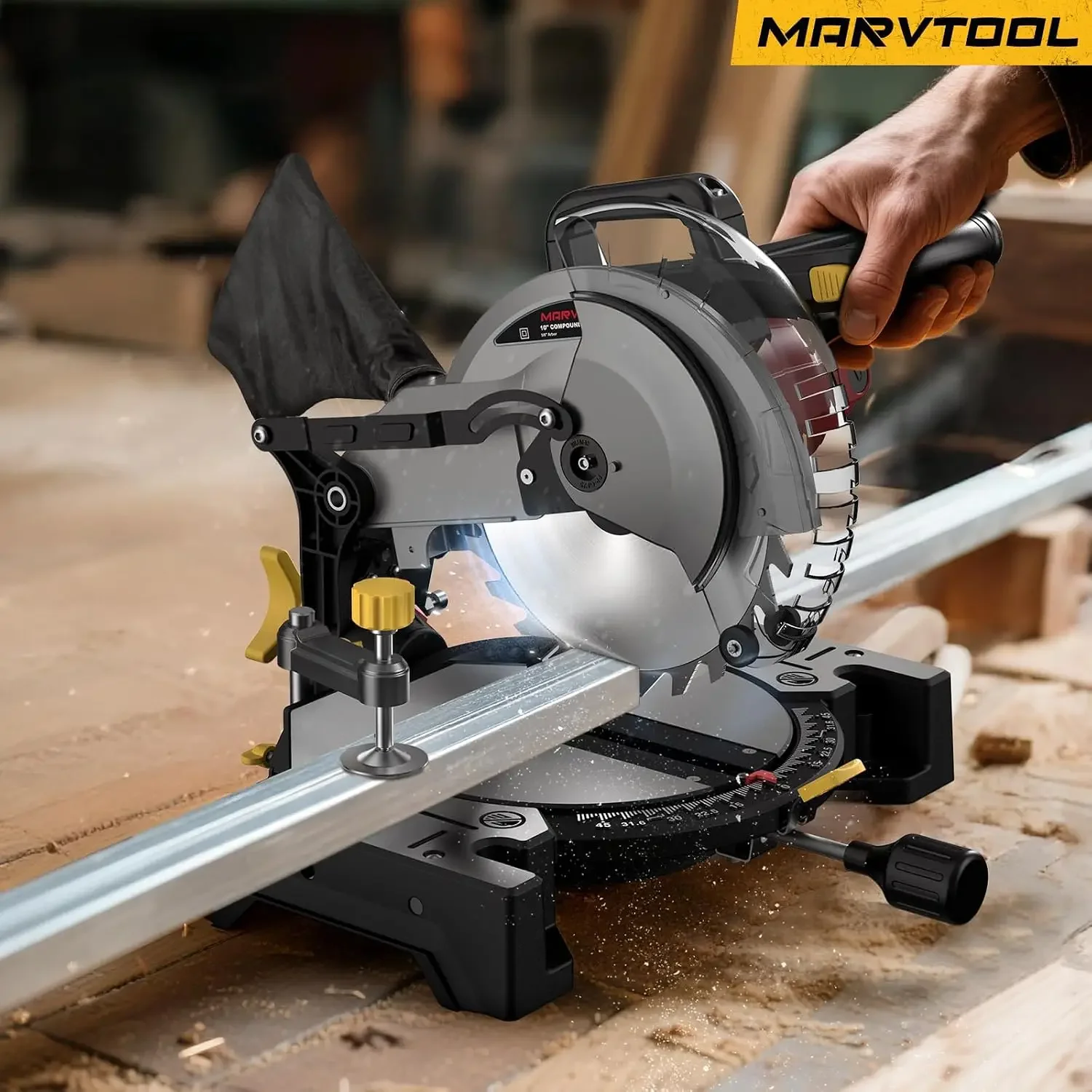 10-inch Compound Miter Saw, 5000RPM, 15 Amp, Single Bevel 0-45° with Extension Table, 36T Blade, Power Saw for Metal,
