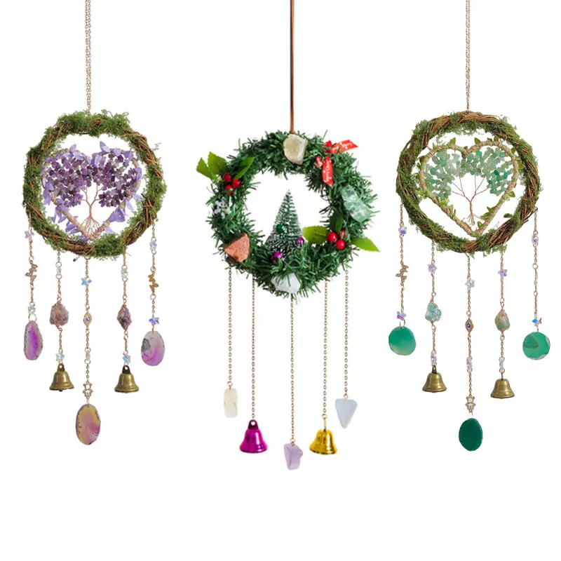 

Heart Suncatcher Window Hanging Crystal Natural Stone Amethyst Sun Catcher Wreath Wind Chime Bell Home Decor for Christmas Gift
