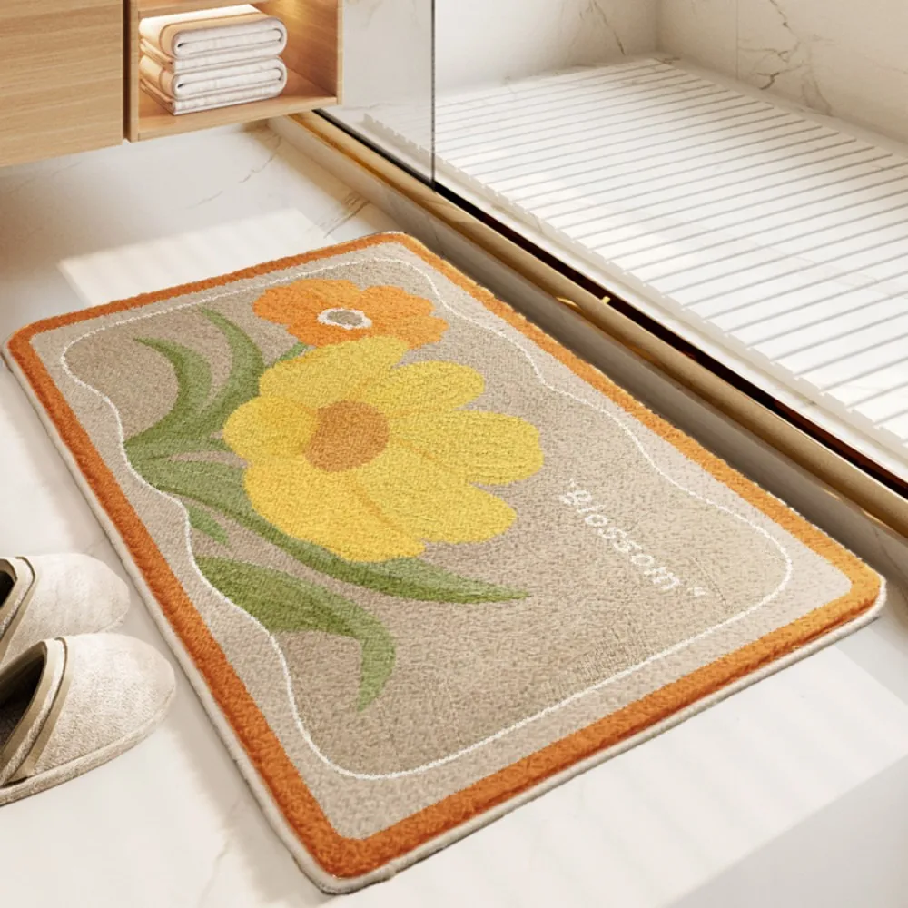 VIKAMA American Country Floral Bathroom Mat Off White With Brown Border Print Shower Room Floor Mat Home Decor Rug
