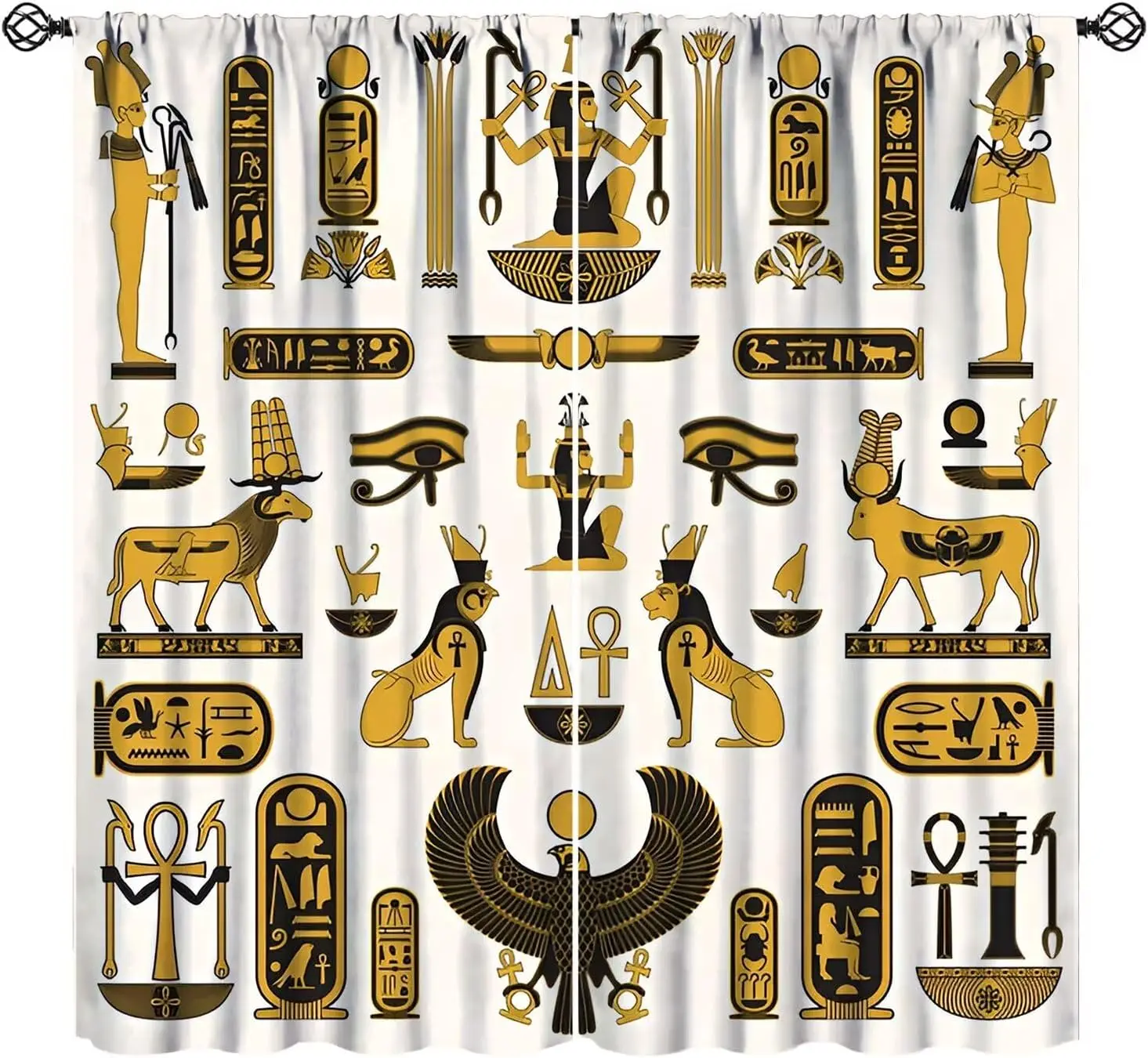 Golden Egyptian Curtains, Ancient Egyptian Boho Tribal Black Gold Hieroglyph Symbols Print Window Treatments for Bedroom Living