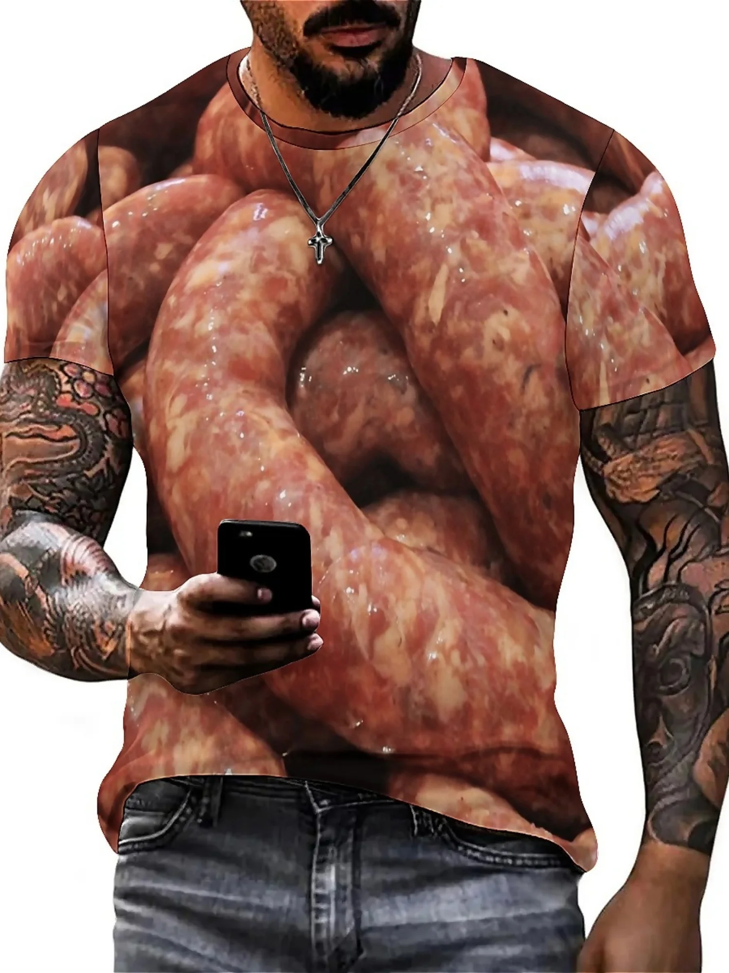 Men's Retro Y2K 3D Printed Grilled Sausages Graphic T-Shirt - Breathable Short Sleeve Round Neck Tee