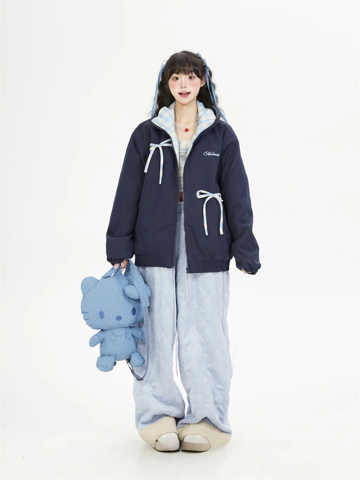Women's Plaid Patchwork Stand Collar Jacket Thickened Cotton Coat  Knot Winter Loose Fit Fashionable Outerwear