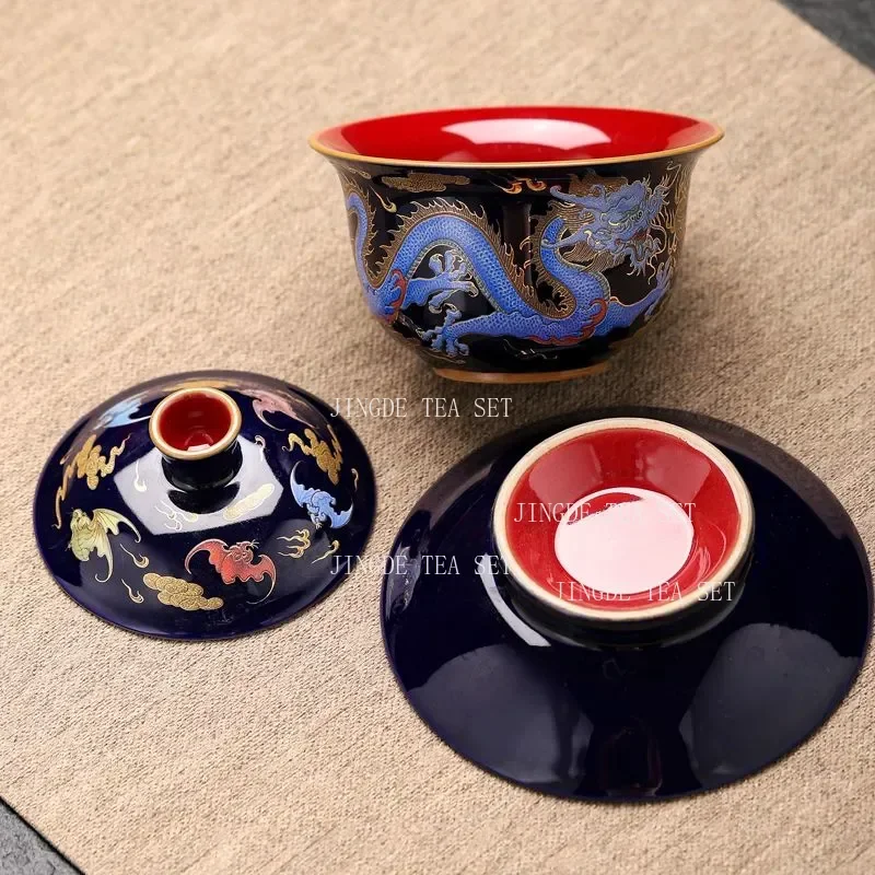 150ml Enamel Color Gaiwan Ceramic Tea Bowl Porcelain Gaiwan Set Kung Fu Tea Set Red Dragon and Phoenix Pattern Large Cover Bowl