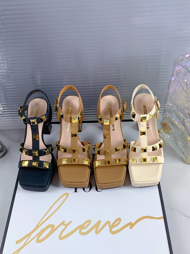 

Original Rivet Bule Thi Heel Sandals Women's New 2024 Open Toe Square Head High Heels Ele Ladylike Sle Faionable