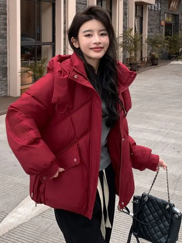 

Women's down Cotton Jaet Winter Thiened ort Sle Detachable Hat Korean Version Loose Fit Bread Coat Slimming Effect