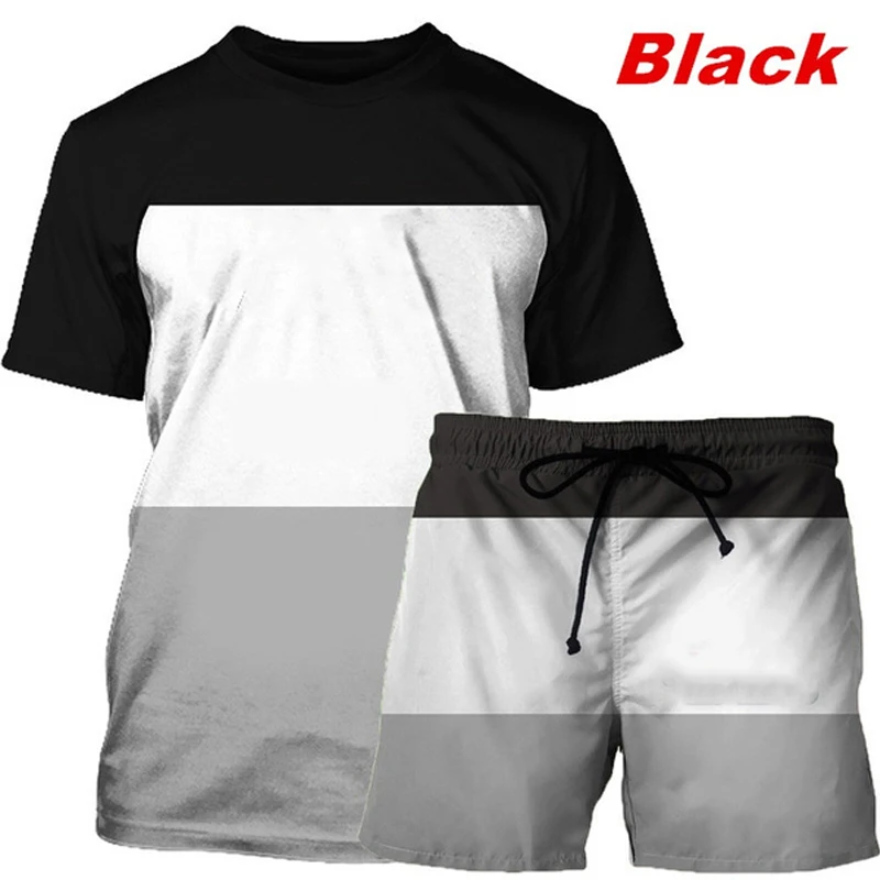 Casual Patchwork Summer Men T-shirt Tracksuit Streetwear Fashion Outfit Short Sleeve Seaside High Street Solid Oversized Set