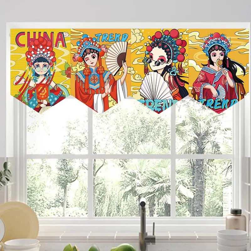 VIKAMA China-Chic Cartoon Peking Opera Characters Triangle Flag Short Curtain Kitchen Door Decoration