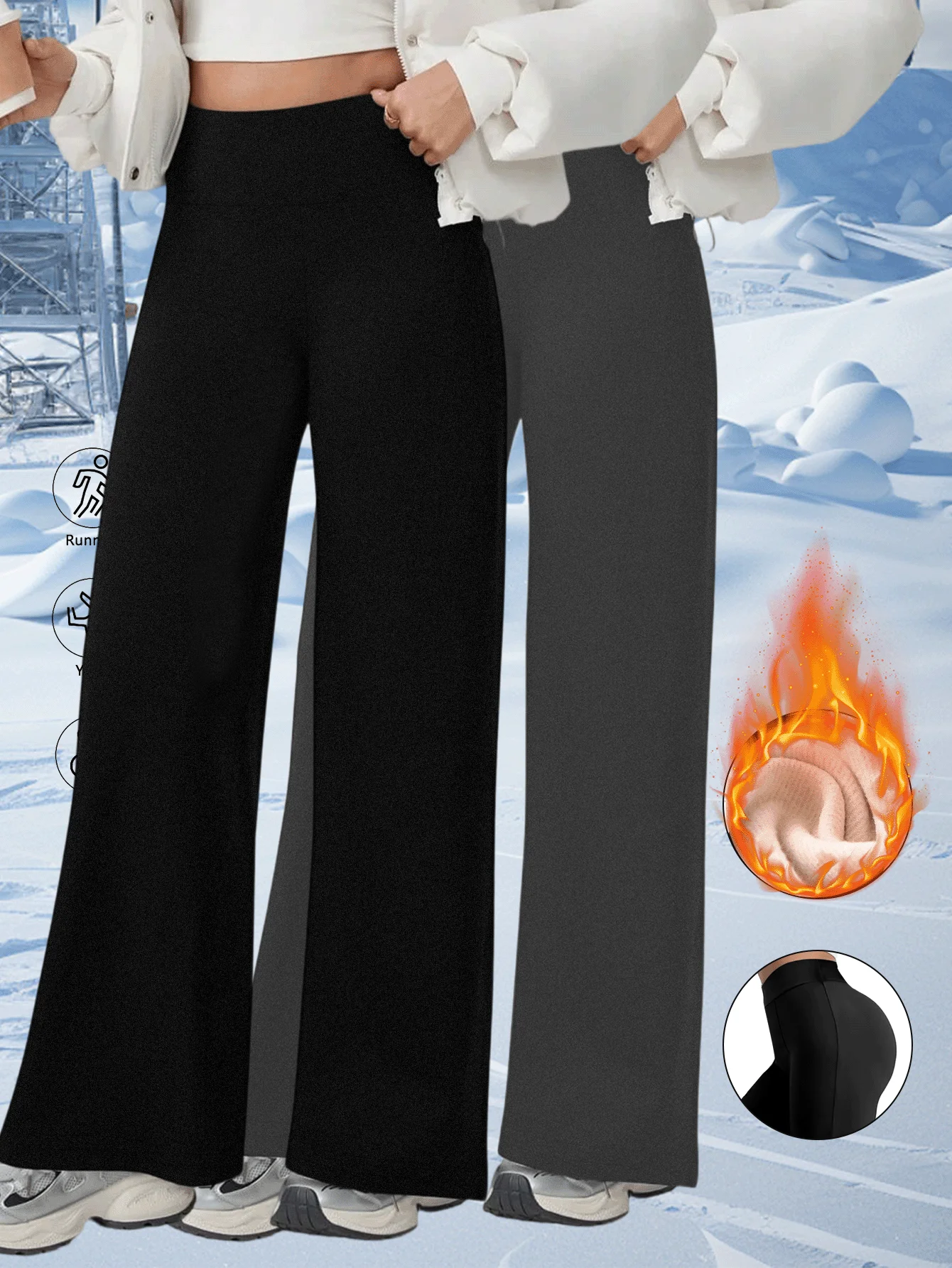 2pcs Winter Women High Waist Warm Fleece Lined Wide Leg Pants, 4 Way Stretch Moisture Wicking Solid Straight Leg Casual Sports T