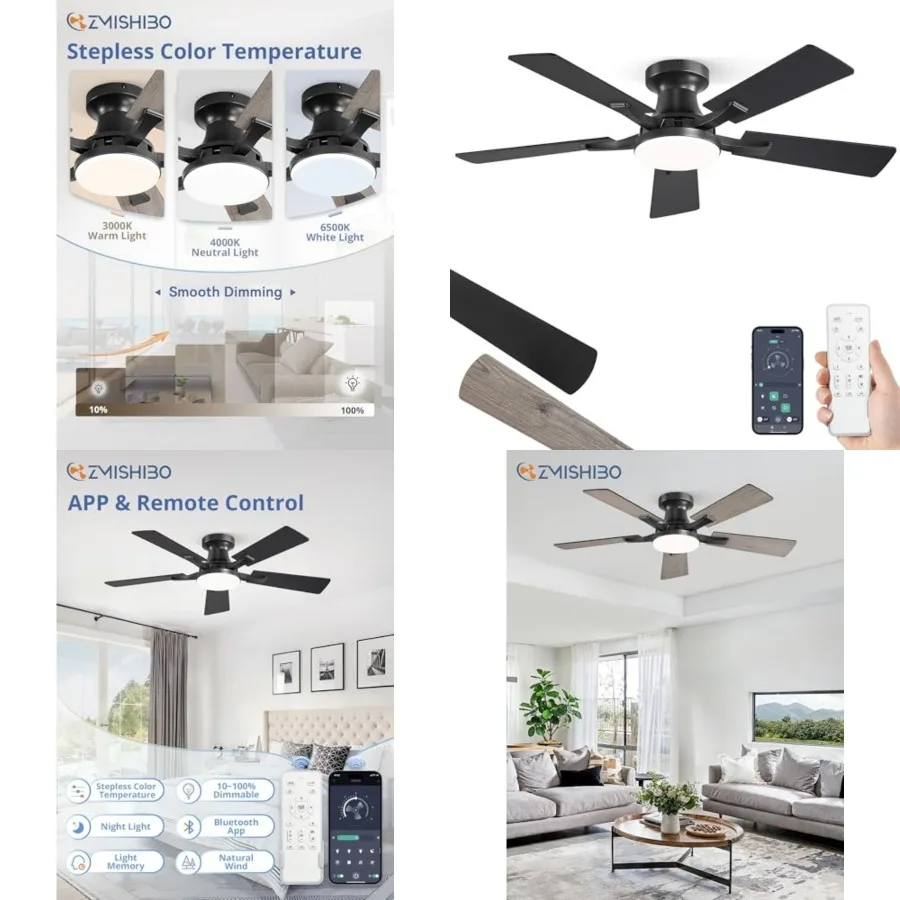 Ceiling Fan with Light, AppandRemote Control, Flush Mount Low Profile, Dimmable 20W LED Light, Quiet Reversible Motor for Bedro