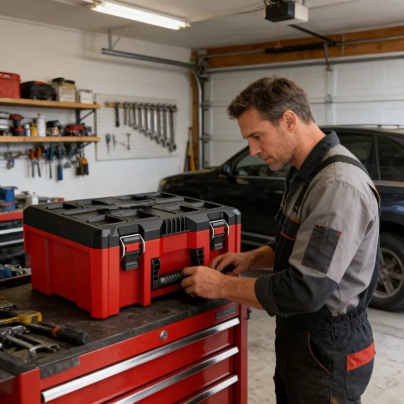 Thickened PP material large-capacity heavy-duty toolbox, stackable storage box, portable tool organizer with side handles, non-slip handles + snap locks, suitable for home repairs, garage workshops, and home DIY |   Home Improvement Hardware Tool Storage Organizer |   Hard material is wear-resistant and durable | Father's Day gift ideas