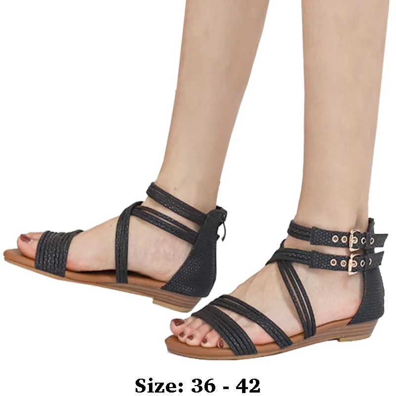 

High quality leather flat sandals for women new summer 2025 size 36 42 open toe casual beach shoe - black khaki blue
