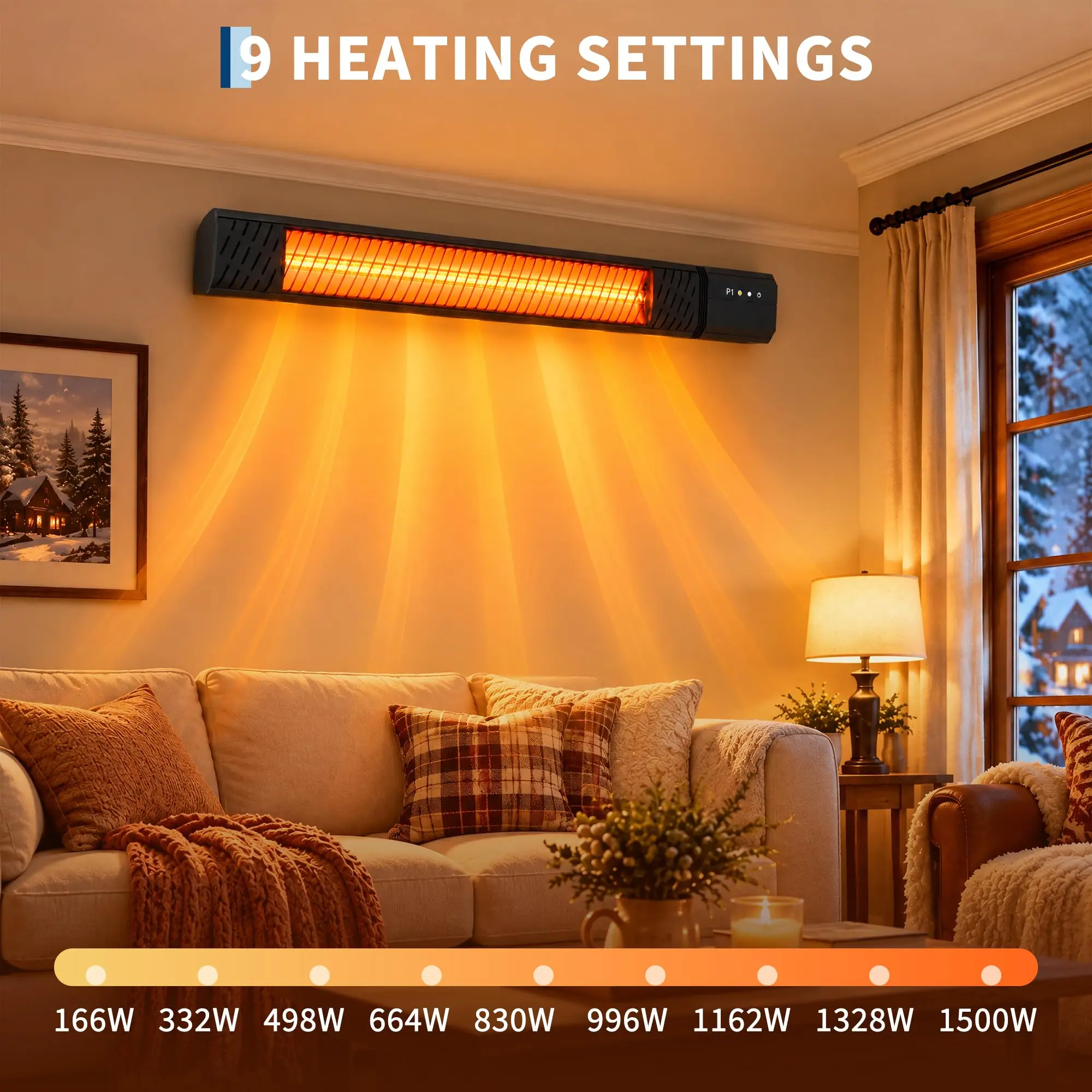 1500W Infrared Patio Heater, Wall Mounted Outdoor Electric Heater, Remote, 9 Heat Levels, 24h Timer, Ip65 Waterproof, Child Lock