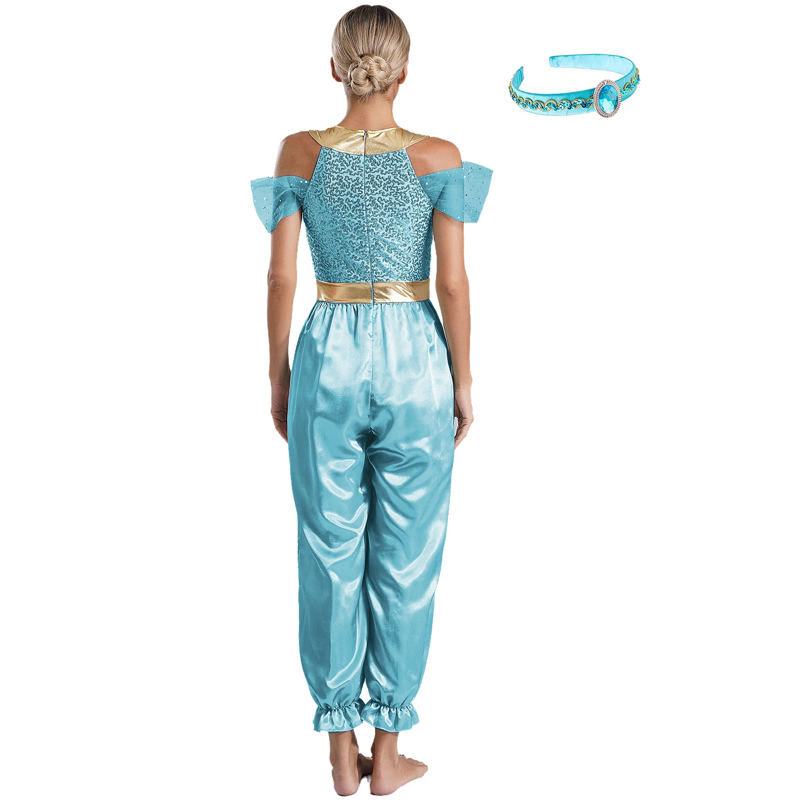 Women Halloween Arabian Princess Cosplay Costume Belly Dance Party Jumpsuit Bodysuit Romper with Headband Tiara