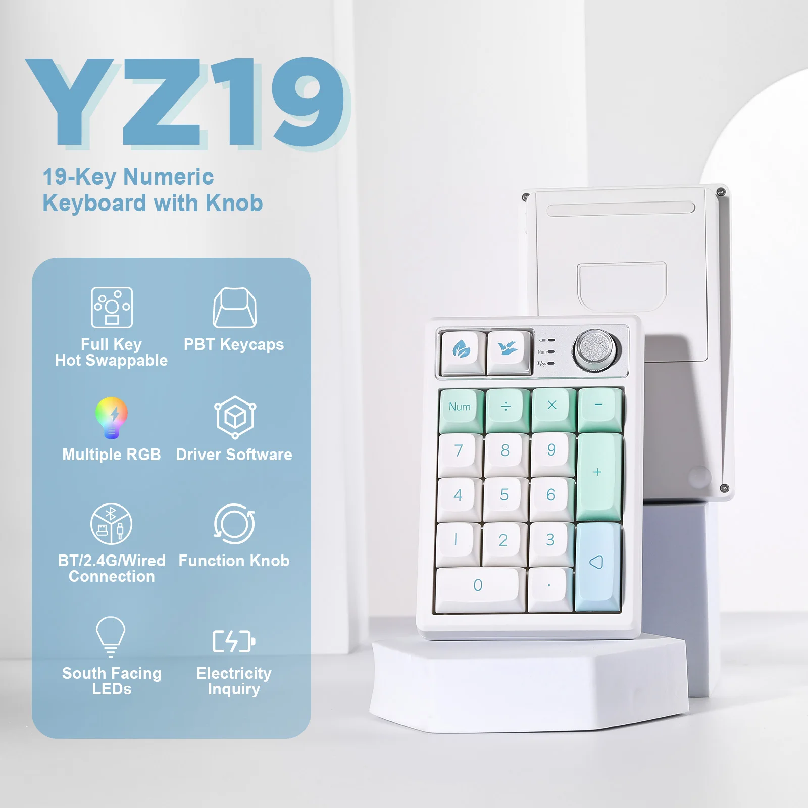 YUNZII YZ19 Mint 19 Keys Wireless Custom Knob Mechanical Number Pad, Hot Swappable Gasket RGB Numeric Keypad with PBT Keycaps