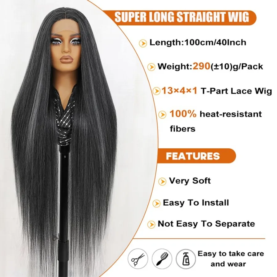 باروكة دانتيل مستقيمة 40 بوصة مع لون مختلط أسود ورمادي للنساء والفتيات ألياف مقاومة للحرارة طويلة للغاية بدون صمغ P