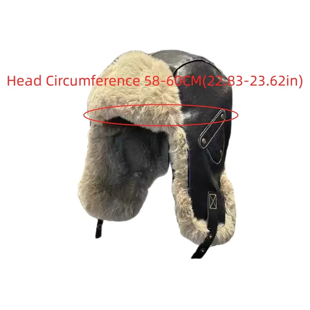 Neutral Vintage Pu Leather Pilot Hat Plush Side Rivets Winter Ski Cap Thicked Warm Ear Protection Hat Mountaineering 5