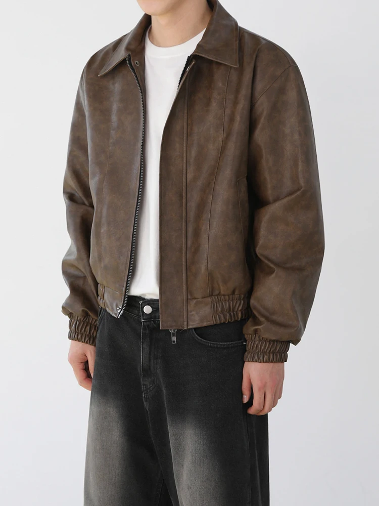 SYUHGFA Korean Men PU Leather Jackets High Street Turn-down Collar Zipper Pockets Solid Color Male Short Coat 2024 Spring New
