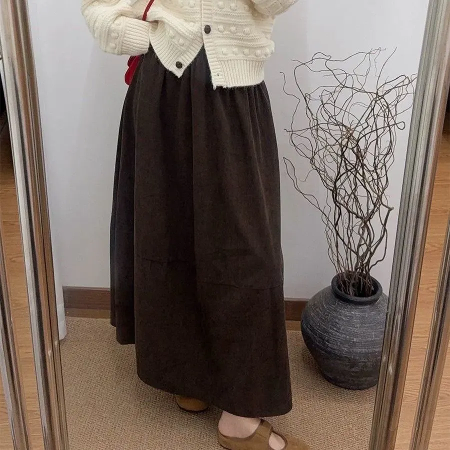 Japan Retro High Waist Bubble Hem Wool Skirt For Women Elastic A-line Mid-length Skirt Cold Gray Coffee Harajuku Casual Work Wea