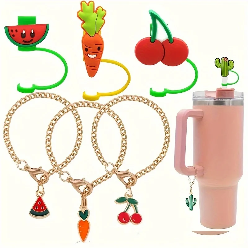 2pcs/set Fruit Straw Covers Cap With Tumbler Charm, Cherry Watermelon Carrot And Leaf Cactus Straw Tips Cover Fruits