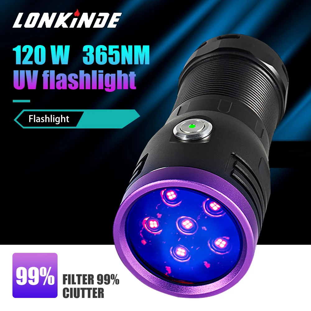 6Cores 365NM UV Flashlight High Power 120W Black Mirror Purple light Woodruff Special Identification Type-C Rechargeable Lantern