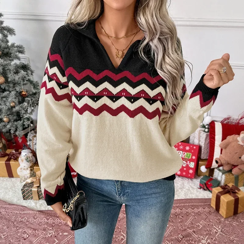 Women's Christmas Chevron Striped Sweater Casual Colorblock Collared V-Neck Long Sleeve Knit Pullover Tops Winter Holiday Jumper