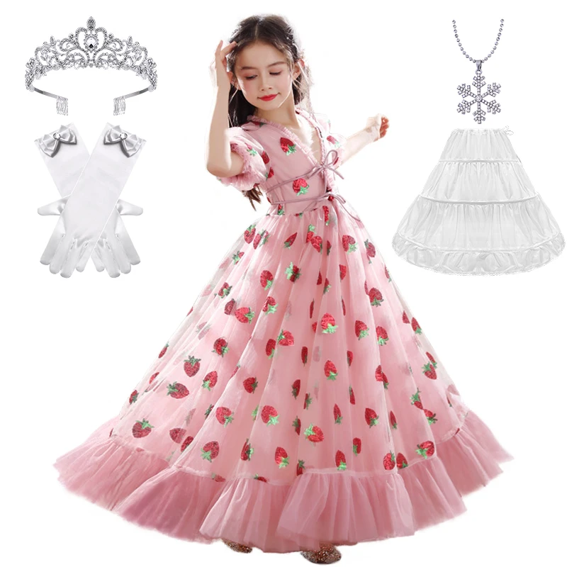 

Formal Occasion Girl Strawberry Print Floor Length Performance Ceremony Long Dresses Children Bridesmaid Communion Party Costume