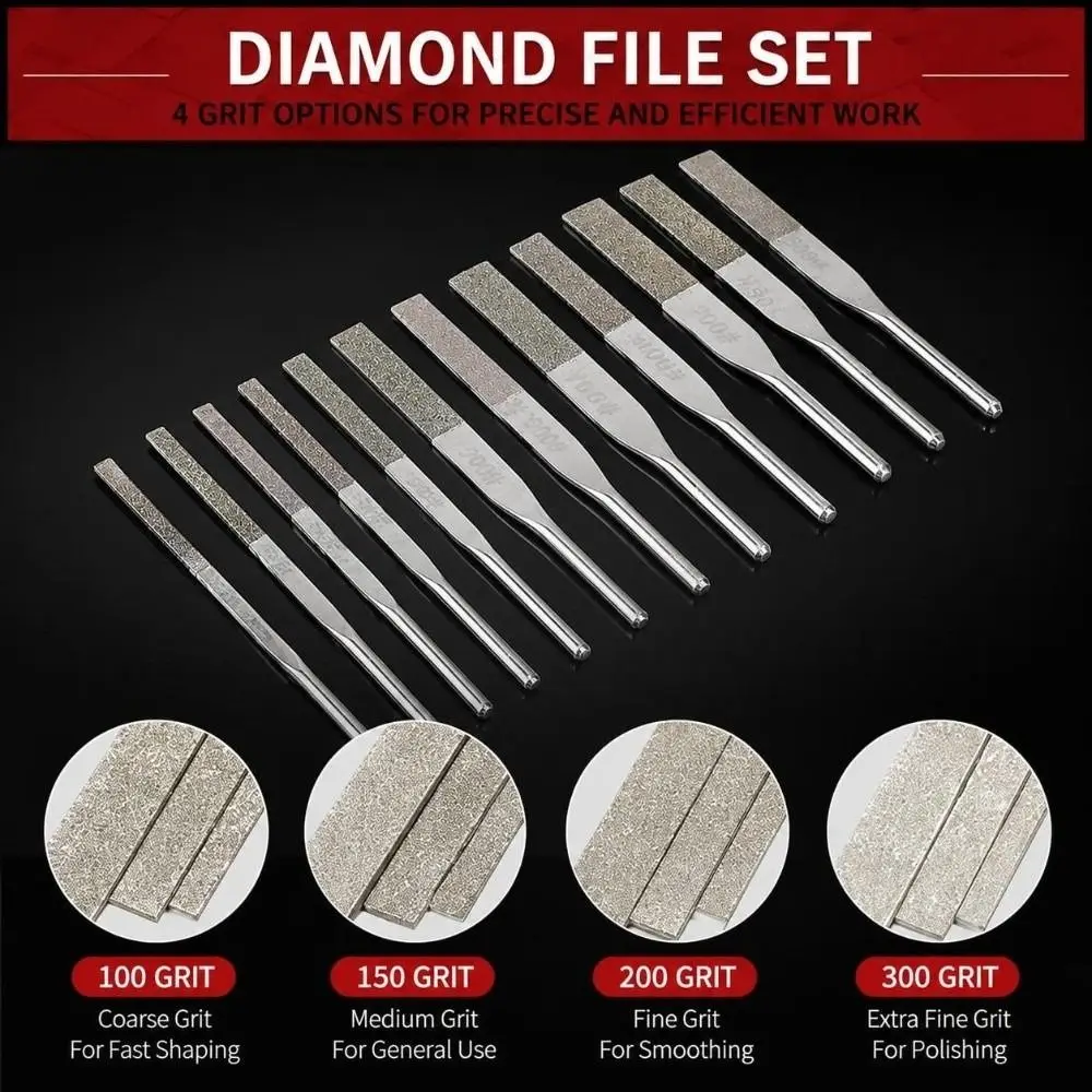 12pcs 3mm Shank Taper Machine Files Multi Grit 100 150 200 300 Grit Precision Needle File Set Shank Taper Files Metal Grinding