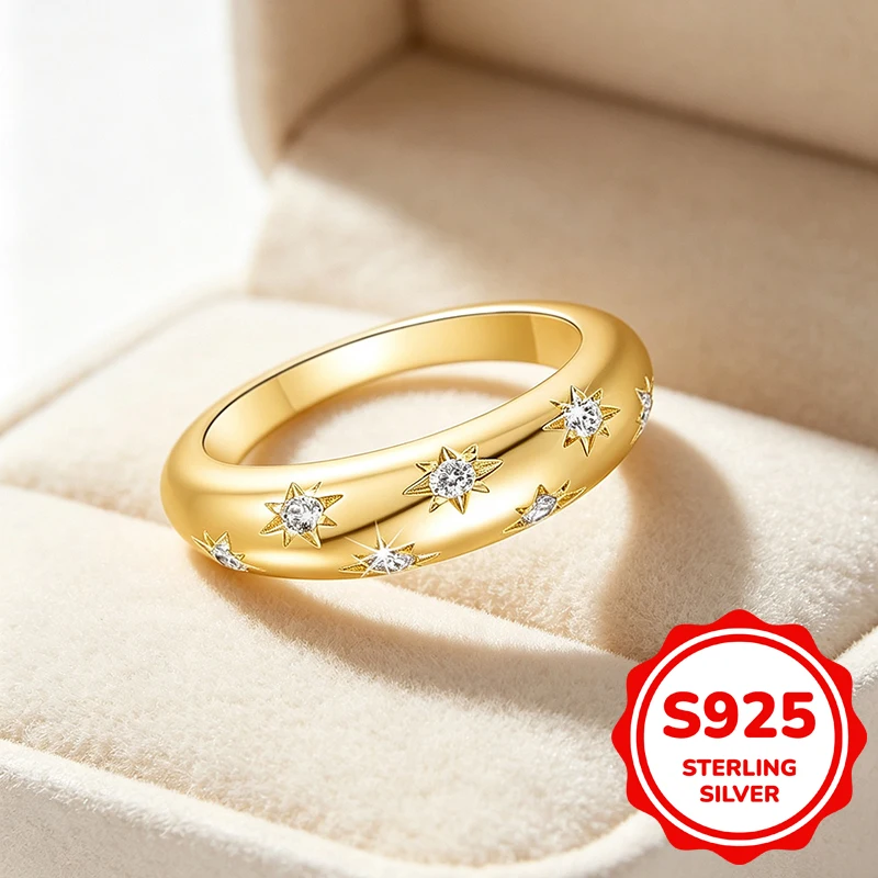 Genuine S925 Sterling Silver 14K Gold Starburst Zircon Ring For Women Polished Chunky Band Inlaid Star Zirconia Jewelry Gift