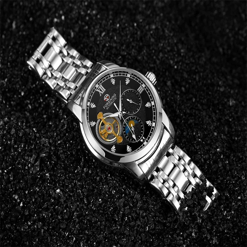 

Forsining НОВЫЕ автоматические механические часы для мужчин, наручные часы, роскошные мужские платья, водонепроницаемые часы с турбийоном Montre Date