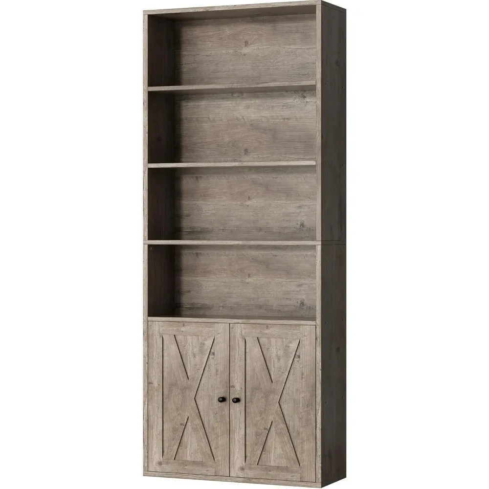 

Industrial Bookshelf Floor Standing 6 Shelf Bookcase with Doors Display Storage Shelves 70.6 Inches Tall for Home Office