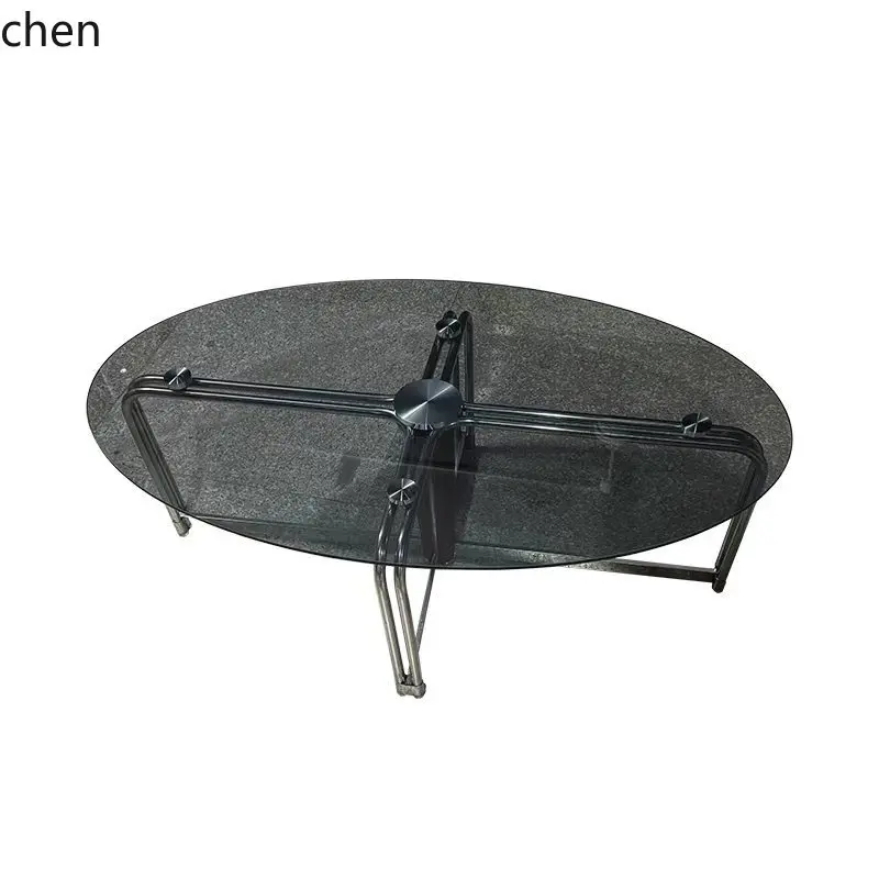 CZ Vintage High-End Tempered Glass Coffee Table for Living Room, Small Creative Stainless Steel Oval Table, Low Table