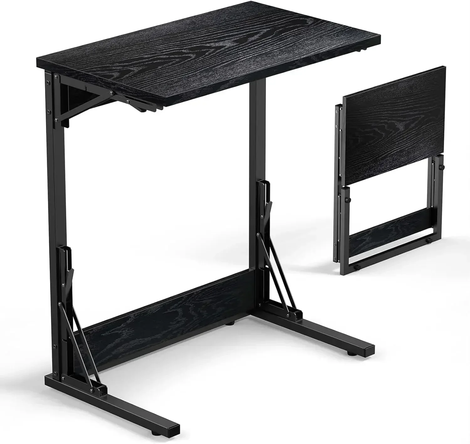 

24" Folding C Shaped End Table, Small Sofa Side Laptop Desk, Couch TV Tray Table for Living Room, Bedroom, Dark Black