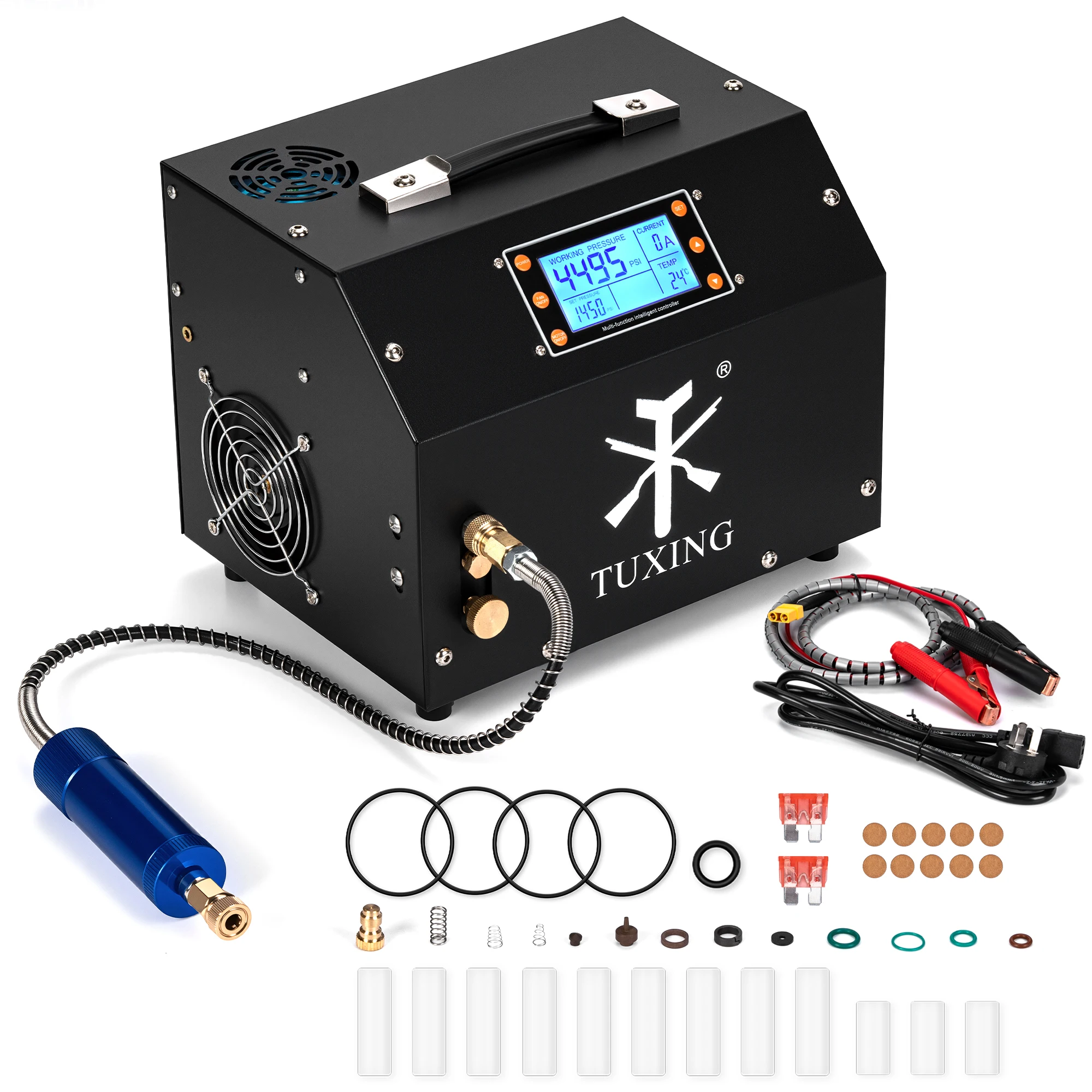TUXING TXET063 300Bar 30MPa 4500Psi PCP Luftkompressor mit integrierter Stromversorgung, LCD-Display, digitaler Steuerung, elektrische Hochdruckpumpe für Luftgewehr und Tauchen