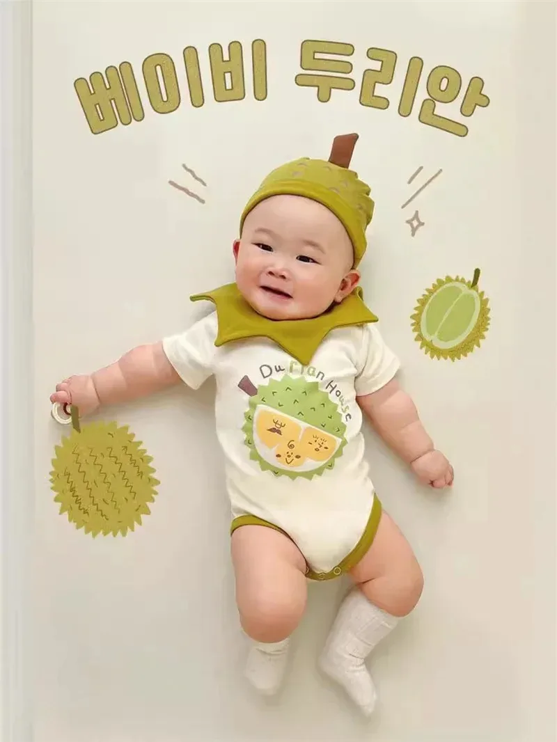 Durian Cotton Short Costume Onesie Newborn Baby Clothes Romper Boy Girl Pattern Onesie Infant Funny Jumpsuits Outfit  with Hat