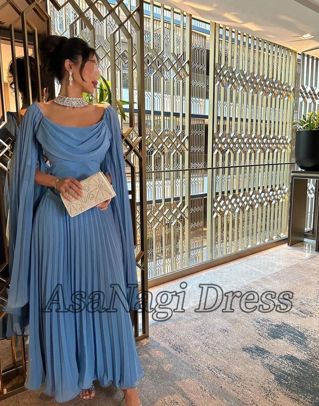 AsaNagi Blue Chiffon Prom Dresses Boat Neck Pleated Ankle-Length Women Elegant Evening Party Dress 2023 فساتين سهره Saudi