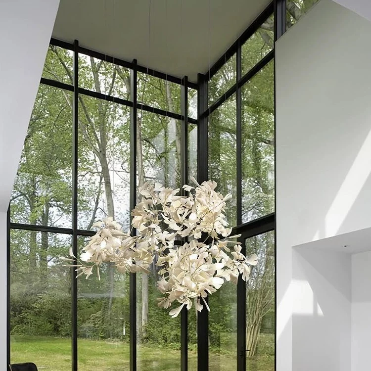 White Porcelain Leaf Chandelier For Living Dining Room Loft  High Ceiling Staircase Entrance Ginkgo Leaf Chandeliers Light