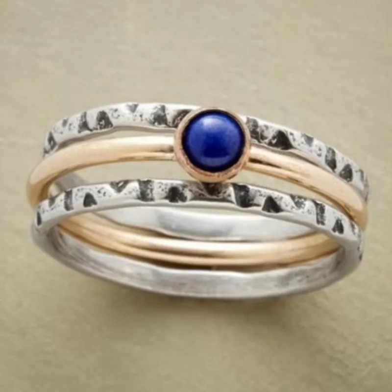 Vintage-Ringset für Damen mit blauen Steinen, trendiges Design mit zwei Farben und geometrischen Mustern, ideal für den täglichen Gebrauch, für Partys und als Geschenk zum Jahrestag.