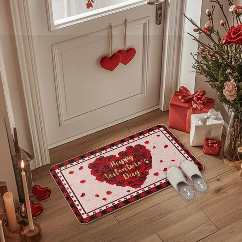 Weaving Texture Valentine Day Floor Mat Soft Beautiful Romantic Heart Anti Slip Mat Convenient Quick Dry Rose Door Mat Bedroom