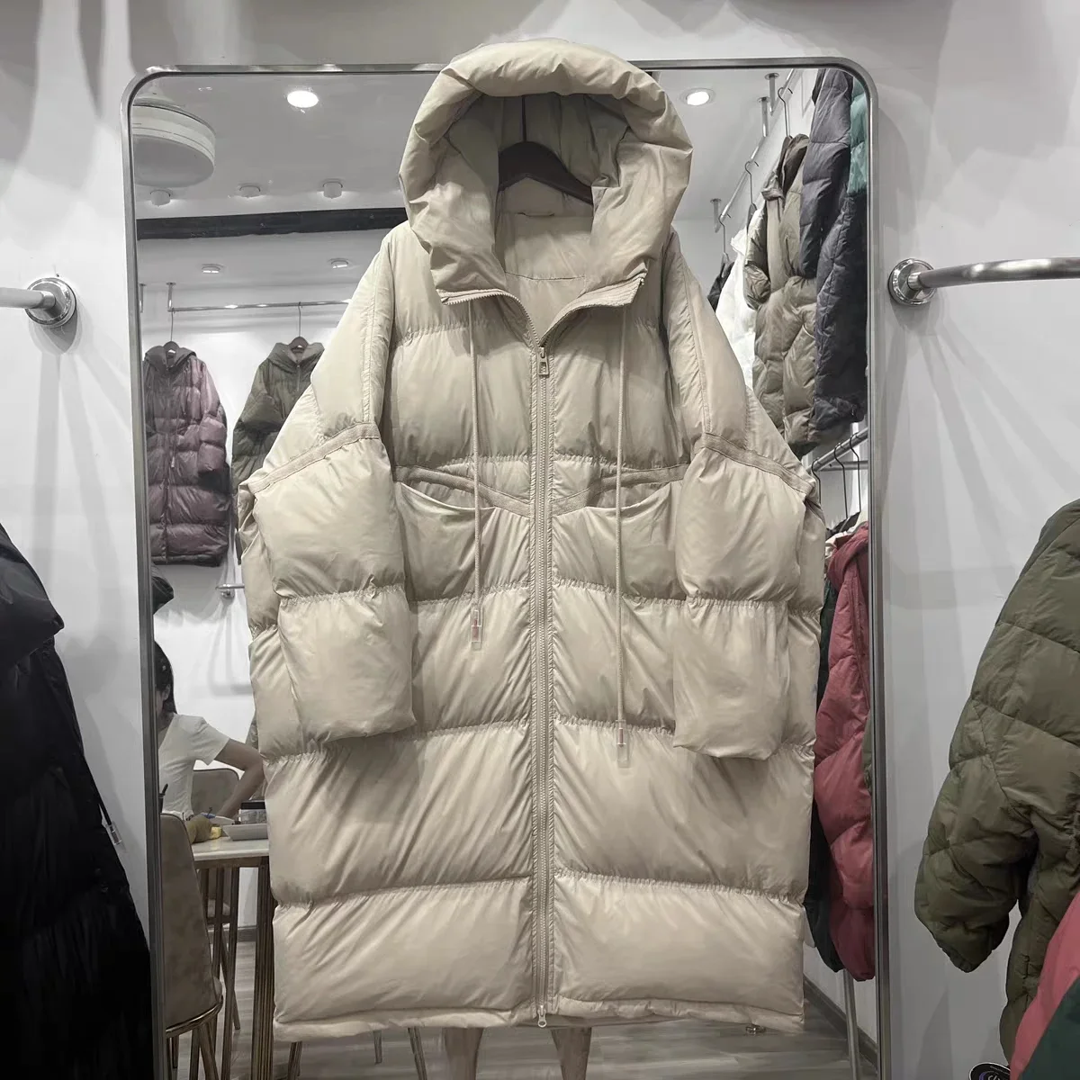 

Winter White Duck Down Jacket with Hooded Female Solid Puffer Jacket Coat Women Big Pocket Oversize Outwears Knee Length Parka