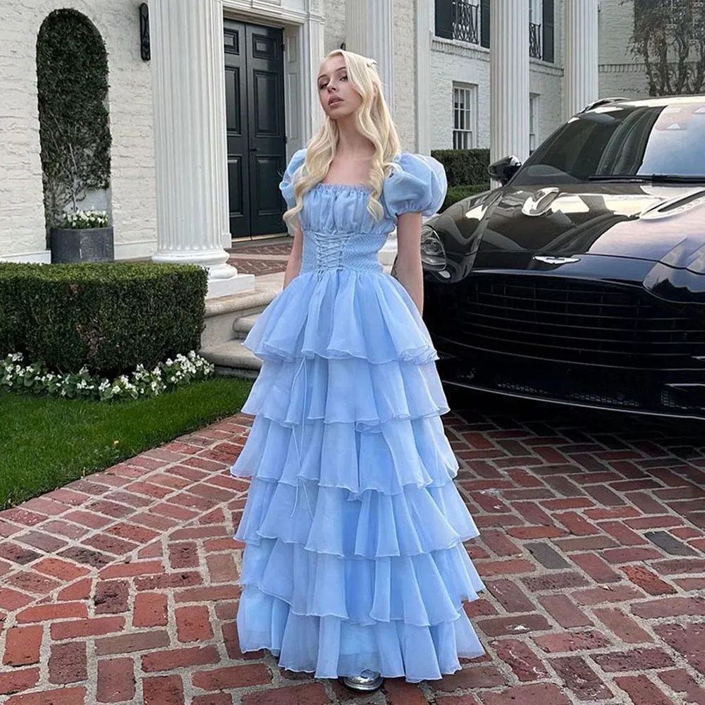 

Msikoods Sky Blue Tiered Skirt Prom Dresses 15 Quinceanera Dresses Puff Short Sleeves Lace Up Formal Party Gowns Birthday Dress