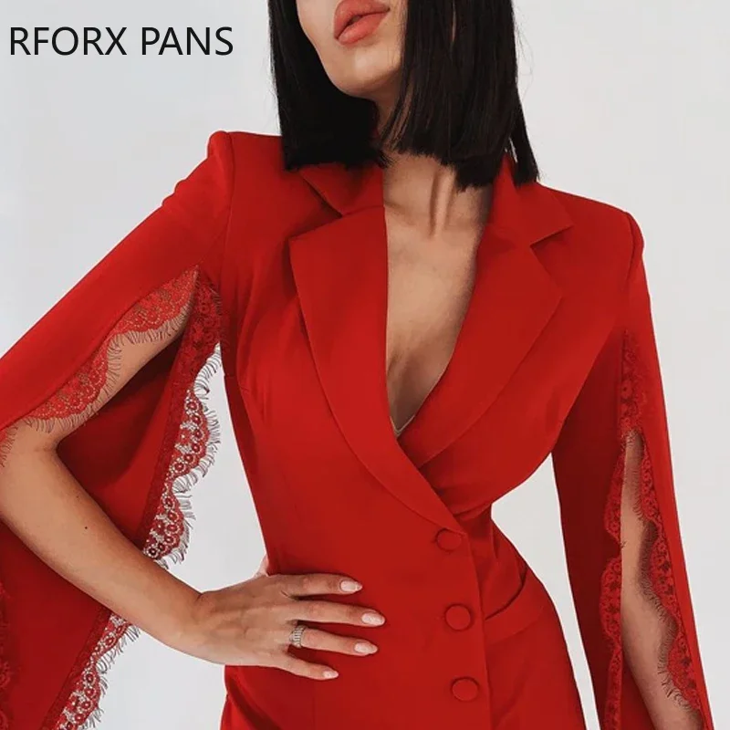 Abito rosso da lavoro aderente Sexy aderente con maniche lunghe a maniche lunghe in pizzo con colletto dentellato elegante da donna