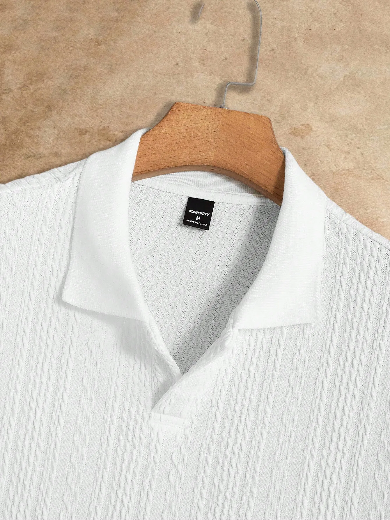 Men's White Textured Knit Loose Fit Polo Shirt with Turn-Down Collar