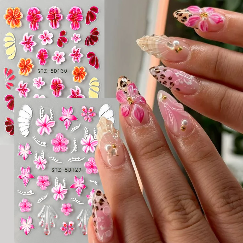 2 uds 5D en relieve rosa vino rojo pegatinas de flores para uñas orquídea Plumeria adhesivo Floral pegatinas de uñas verano océano pétalo encantos