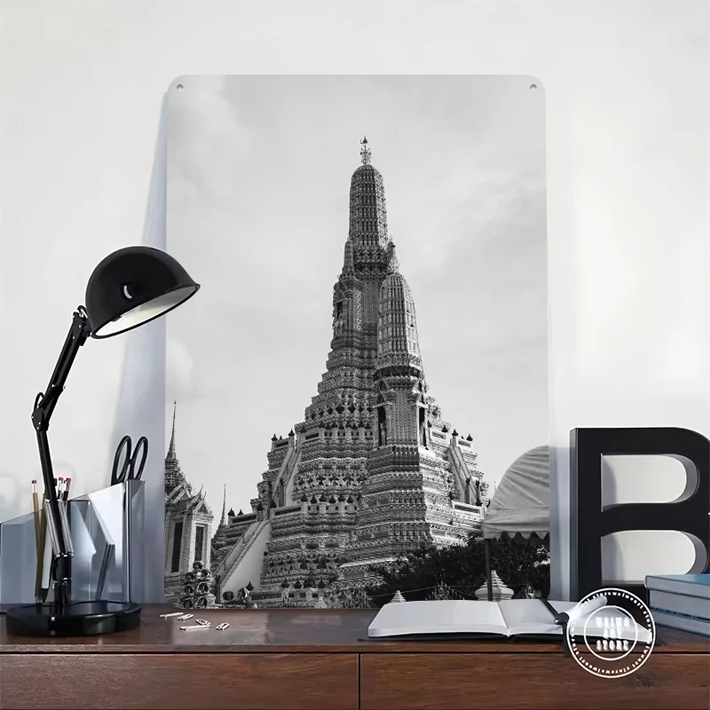 Black And White Temple Metal Poster Customized Wall Art Retro Vintage Metal Signs for Man Cave Office Decoration Gaming House
