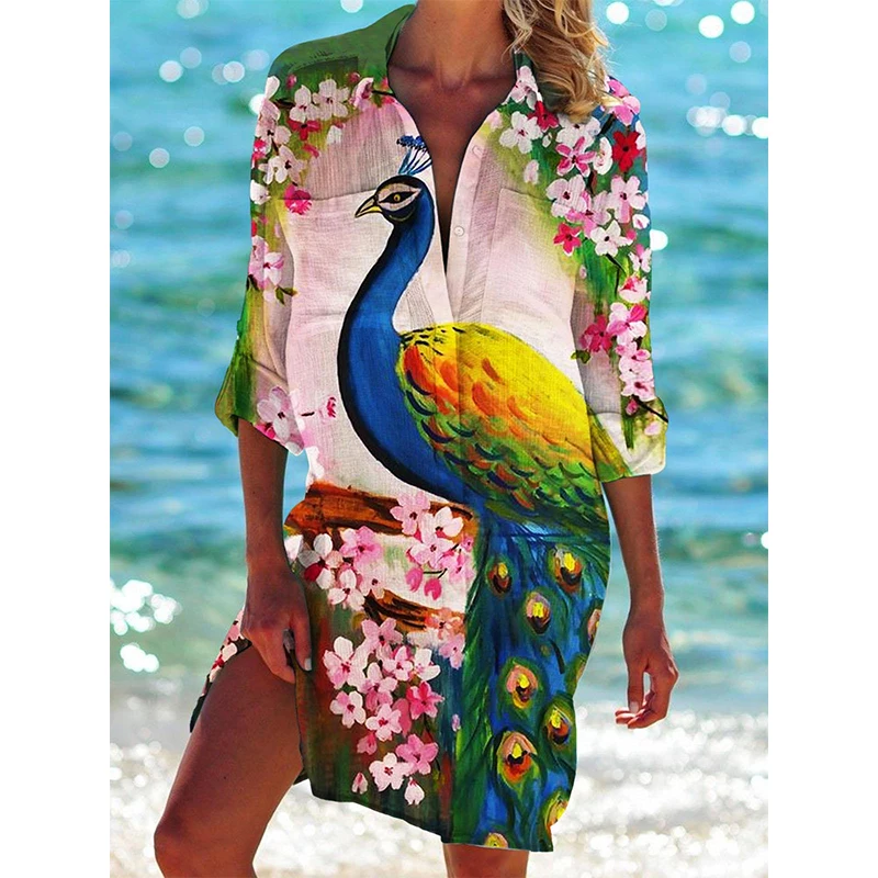 Peacock Flamingo Beach Blouses Animal 3D Print Women New Long Sleeve Mid-length Shirts Buttons Pocket Tops Blouse Woman Clothing